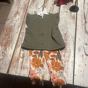 A cute green shirt with leggings has flowers on it for 18m